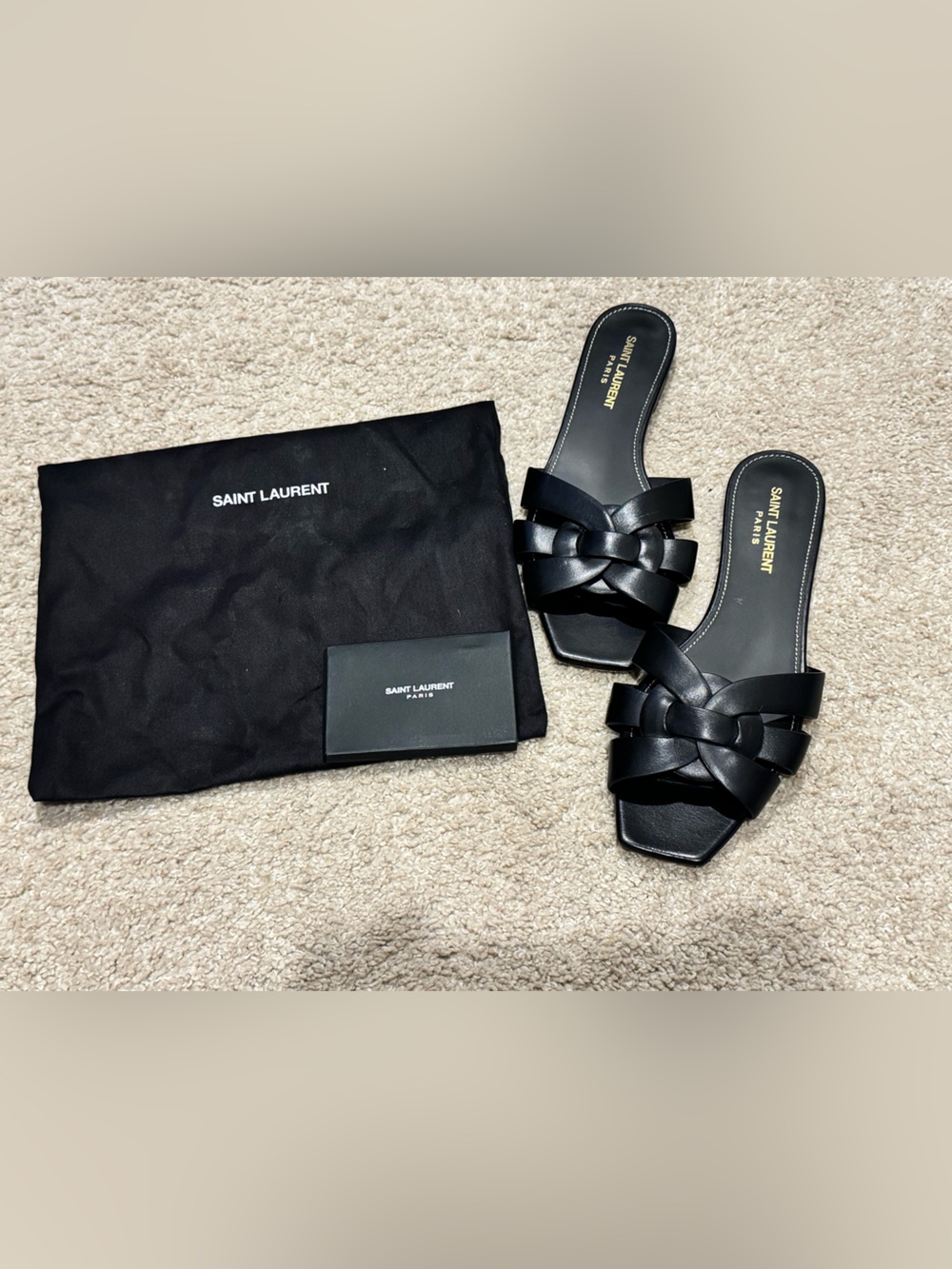 Saint Laurent Black Braided Leather Slide Sandals